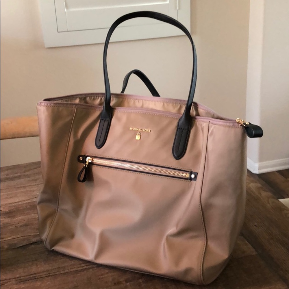 Khaki nylon and black leather Michael Kors tote